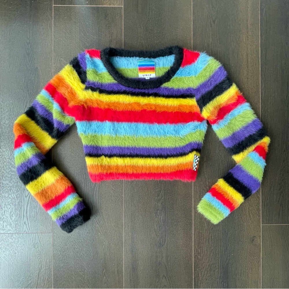 UNIF Cid Sweater - Fuzzy Cropped Rainbow Longsleeve [Discontinued]